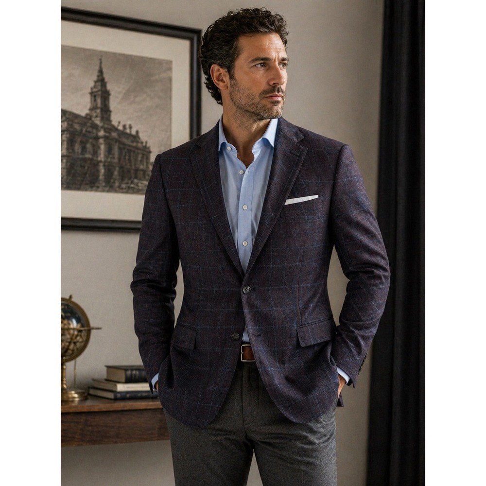 Lauren Ralph Lauren Navy Windowpane Plaid Wool Blazer Sport Coat Jacket Sz 52R